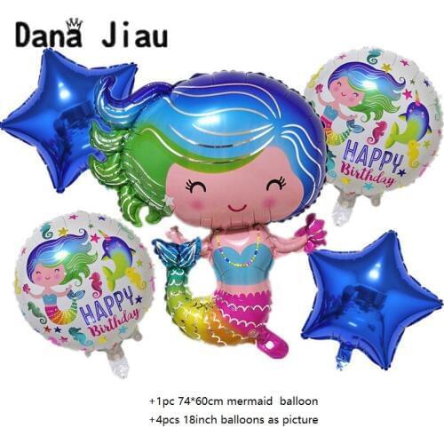 Blue Happy Birthday Party Mermaid Theme Balloons Princess Doll Toy Holiday Cartoon Decoration Foil Balloon Auto Seal
