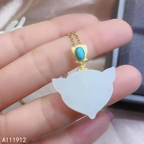 KJJEAXCMY fine jewelry natural white jade Blue Turquoise 925 sterling silver women pendant necklace chain support test classic