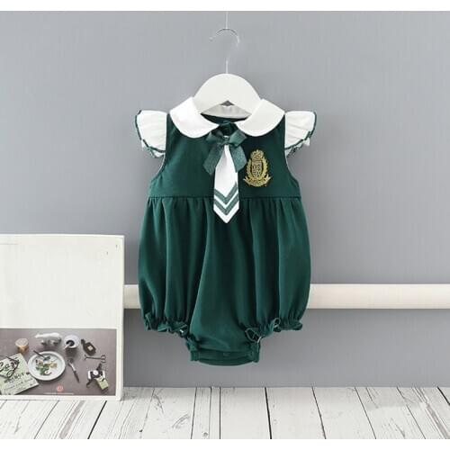 0-24M Newborn Girls Rompers Peter Pan Collar England Style Boys Jumpsuit Bodysuit One-Pieces Cotton Baby Clothes with Tie