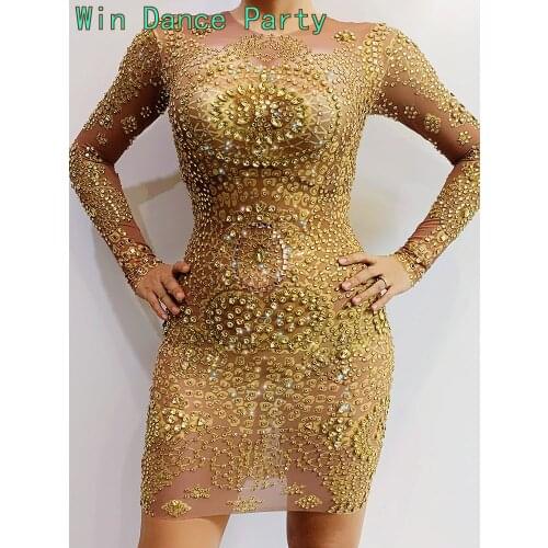 Multicolor Full Rhinestone Mesh Fleshcolor Sexy Skinny Long-sleeved Dress Bithday Performance Costumes Evening Stage Dresses