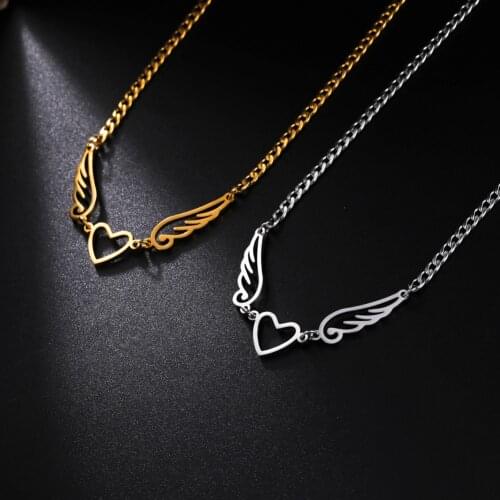 Cooltime Fashion Hollow Angel Wings Heart Chain Necklace for Women Stainless Steel Jewelry Cute Choker Necklace 2021 Trend New