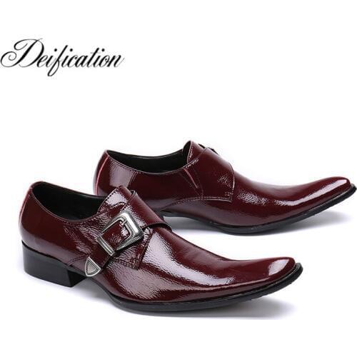 Deification Red Wine Men Genuine Leather Oxfords Big Buckle Design Mens Wedding Dress Shoes Square Toe Business Leather Shoes