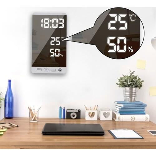 Touch Button Wall Digital Clock USB Output Port Table Clock 6 Inch LED Mirror Alarm Clock Time Temperature Humidity Display