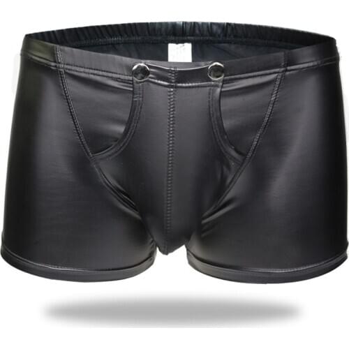 2019 NEW Plus Size Sexy Men Boxers Open Crotch Faux Lingerie Stage U Convex Pouch Black Patent Leather Boxers Shorts Underwear