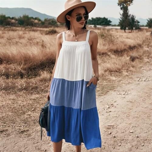 Spaghetti Strap Dress Women Casual Patchwork Color Loose Sling Dresses For Woman Sexy Sleeveless Summer Dress 2021 Blue Vestidos