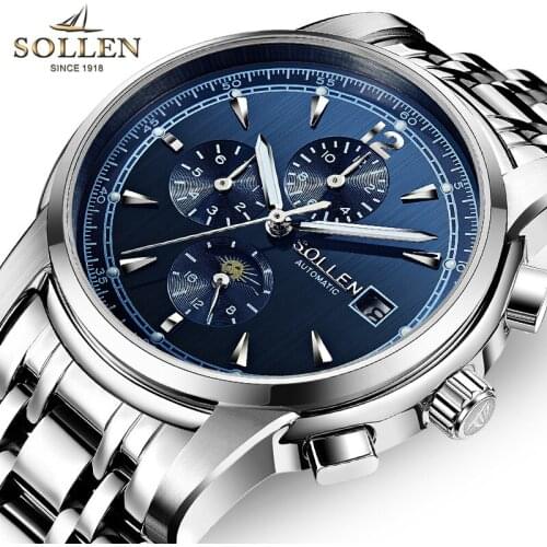 Switzerland Luxury Brand SOLLEN Mens Automatic Mechanical Watches Multi-function Luminous Moon Phase Sapphire Clock SL803