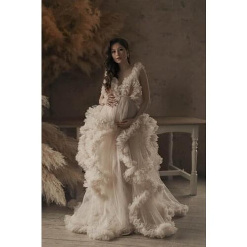 Pregnant Lady Evening Dresses Baby Shower Champagne Tulle Maternity Robes for Photo Shoot Robe Pregnant Women Fomral Bathrobe