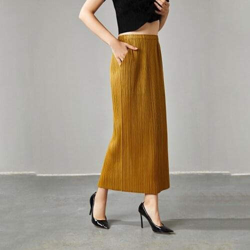 2021 Pleated High Waist Skirt Female Korean Fashion Miyake Pleated Long Skirt Black Straight Skirt Slit Ginger Yellow