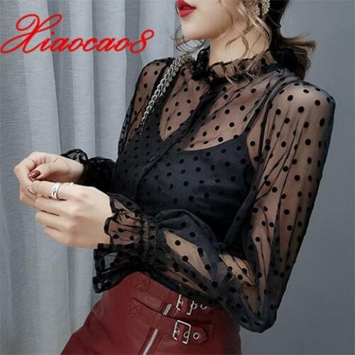 Spring Summer 2020 Casual Women Blouse New Fashion Sexy Ruffles Collar Shirt Lantern Sleeve Polka Dot Single Breasted Blouse