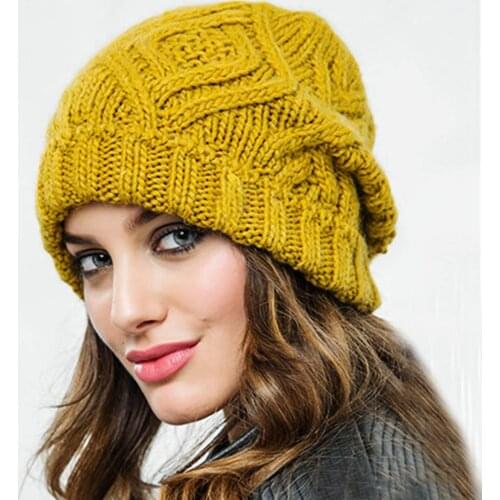 Women Autumn Winter Solid Color Woolen Yarn Soft Warm Beanie Hat Knitting Cap