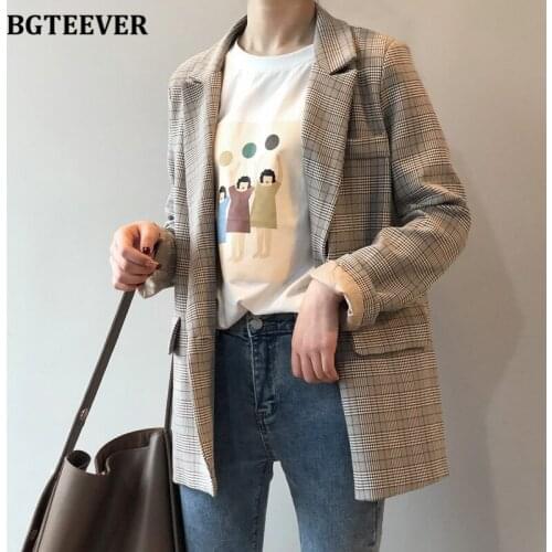 BGTEEVER Vintage Chic Loose Women Plaid Blazer Tops Full Sleeve Button Female Suit Jackets Autumn New Casual Ladies Outwear 2021
