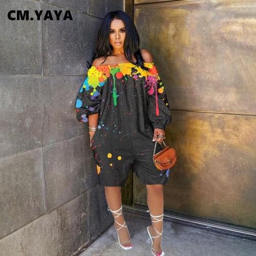 CM.YAYA Women Playsuit Ink Splash Full Sleeve Off Shoulder Slash Neck Loose Palsysuits with Pockets Fashion Casual Romper Summer