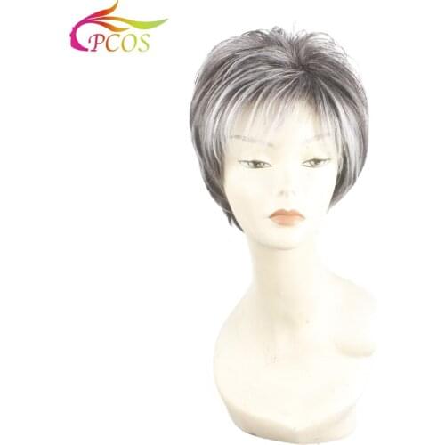 Women Wig Grey White Ombre Synthetic Short Layered Curly Hair Puffy Bangs Heat Resistant Wigs for Dear mother