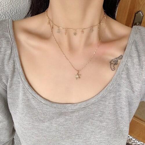 Vintage Double Layer Gold Color Chains Star Choker Necklace for Women Fashion Pendant Necklaces Collares Neck Jewelry Wholesale