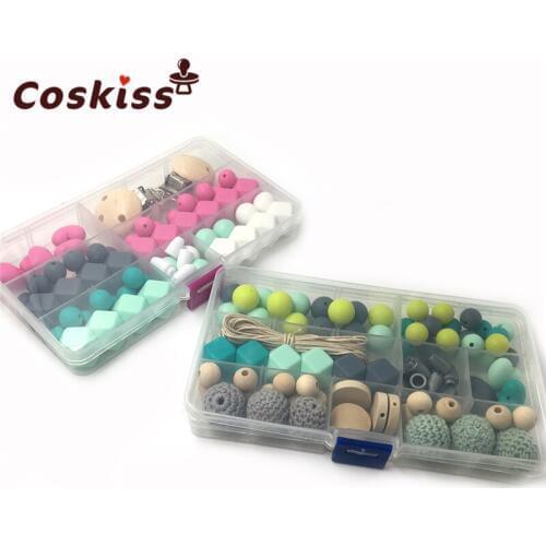 2pcs Baby Teether Toy Silicone Teether Pacifier Clip Geometric Hexagon Silicone Crochet Bead DIY Wooden Teether Nursing Necklack