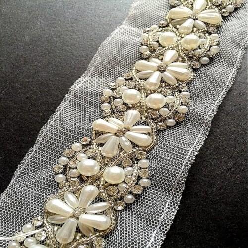 5.5cm white/black pearl beaded lace trim bridal sash Bridal Belt beaded jewelry Trim 2yards/Lot