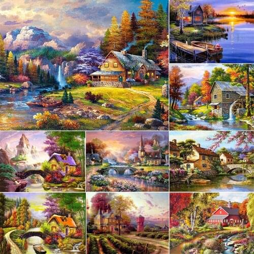 5D DIY Diamond Painting Landscape Full Square / Round Rhinestone Embroidery Mosaic House Diamond Mosaic Spring Home Decoration