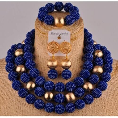 African beads royal blue jewelry set simulated pearl nigerian wedding necklace bridal jewelry sets FZZ77