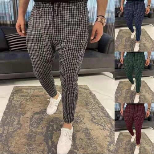 Plaid Ankle Four Seasons Mens Pencil Pants Midwaist Stretch Pants Fitness Jogger Length Pants Fashion Breathe MensCasual Trouser