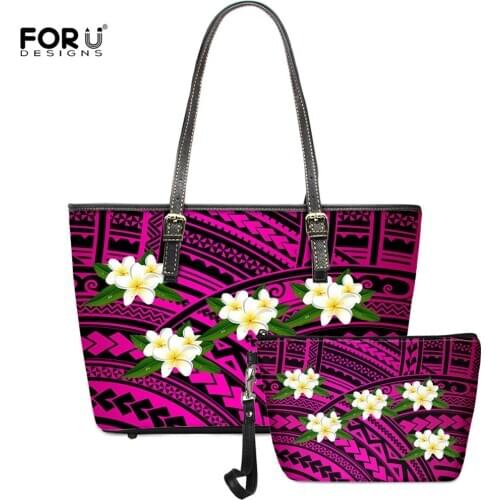 FORUDESIGNS American Samoa Hawaii Polynesian Plumeria Pattern Women Handbags Set Large Purple Ladies Tote Shoulder Bags Bolsas