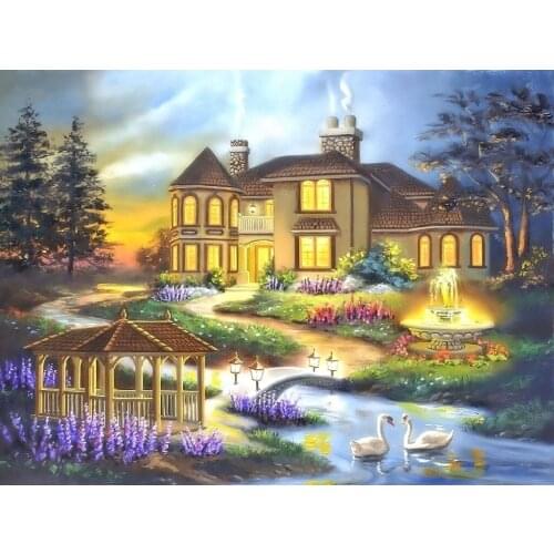 JMINE Div 5D house swan River Bridge tree Full Diamond Painting cross stitch kits art Scenic 3D paint by diamonds