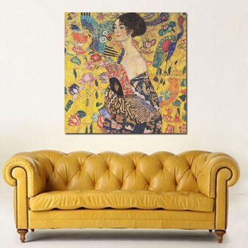 JQHYART Lady With Fan Gustav Klimt 1917-1918 Wall Painting Picture Leaf Home Decorative Art Picture Paint On Canvas Prints