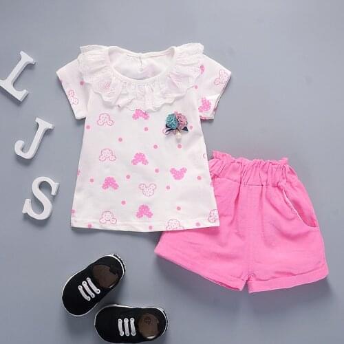 BibiCola Baby Girls Clothing Sets 2020 new summer Newborn Girl Clothes Flower Red T shirt + Blue Floral Shorts Children clothing