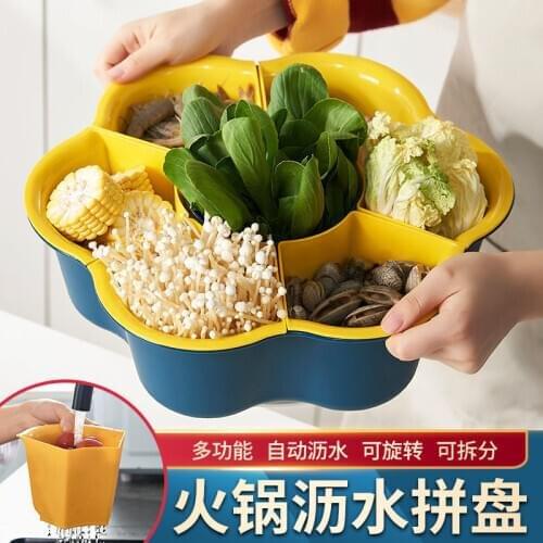 Multifunctional Rotating Drain Basket Strainers Plastic Vegetable Basket Hot Pot Storage Platter Fruit Plate Snack Tray