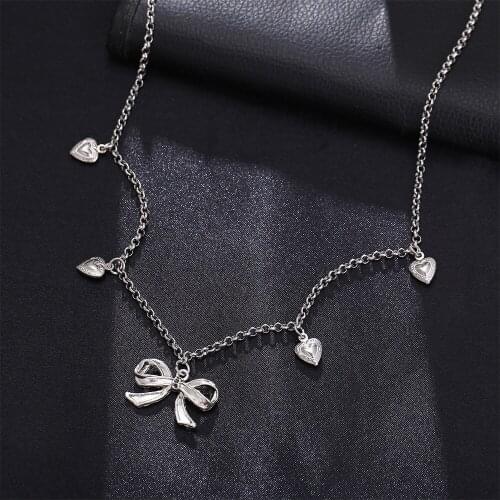 Trendy New Love Heart Bowknot Silver Color Necklace Pendant Women Fashion Clavicle Chain Exquisite Necklaces Collares Jewelry