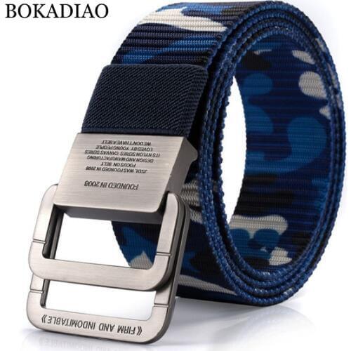 BOKADIAO Men&Women Nylon canvas belt luxury Double Ring Metal buckle jeans belt Military Army tactical belts Men strap male blue
