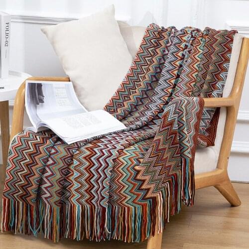 Bohemian Throw Blankets Sofa Cover Geometric Knitted Slipcover for Couch Multifunctional Boho Decorative Thread Blanket Tassel