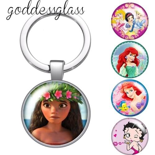 Princess Moana Snow white little mermaid Girls glass cabochon keychain Bag Car key chain Ring Holder Charms keychains gift