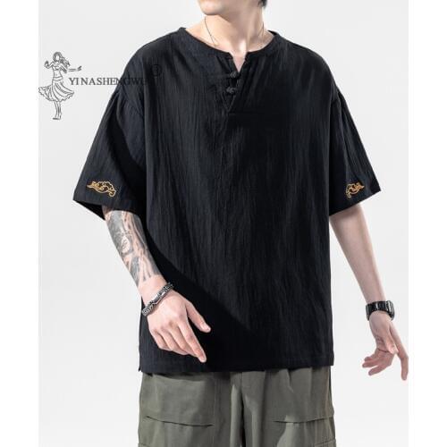 New Japanese Kimonos Short-Sleeved T-shirt Embroidered Harajuku Yukata Japan Summer Male Linen Men Shirts Trousers Asian Costume