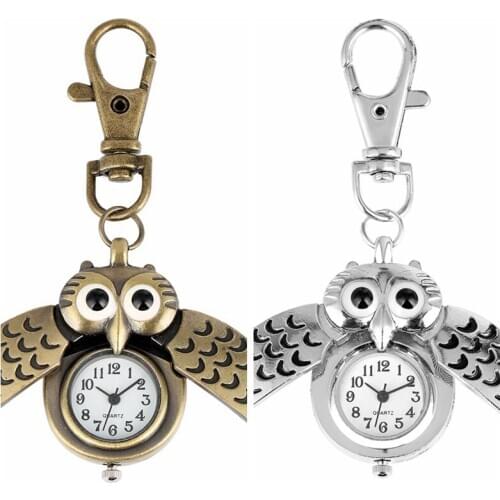 Vintage Bronze Cute Owl Keychains Pocket Watch Fob Chain Key Chains Flip Case Hour Clock for Men Women Animals Pocket Watches