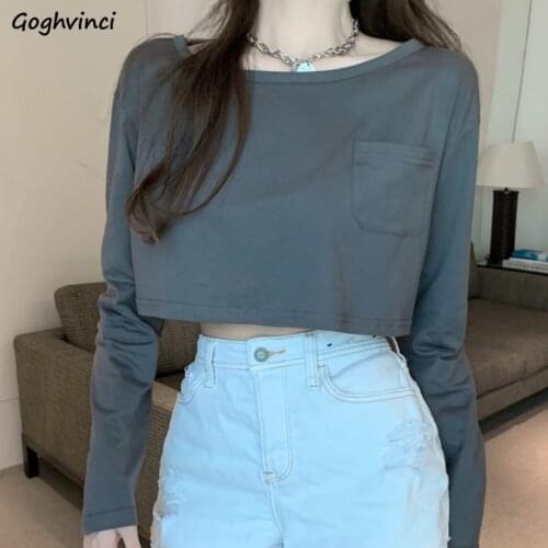 Long Sleeve T-shirts Women Cool Hot Trendy Chic Harajuku Solid Simple Loose Leisure Ulzzang Streetwear Crop Tops Womens Tshirts