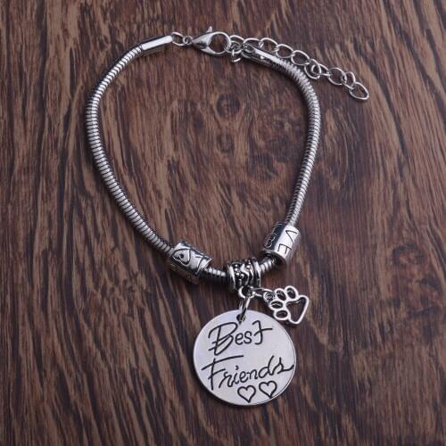 Dog Paw Print Heart Best Friend Charms Bracelet Women Animals Rescue Jewelry Dog Cat Pet Lover Bracelets Love Beads Chain Bangle