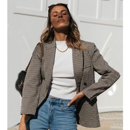 Ardm Fashion Houndstooth пальто женское 2021 Casual Double Breasted Pockets Blazer Za Vintage Long Sleeve Autumn Coat Jackets