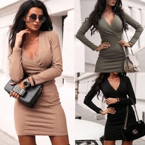 Autumn Trend Womens Long Sleeve V-neck Party Sweater Short Mini Dress Jumper Mini Dress Winter V-neck Party Dresses