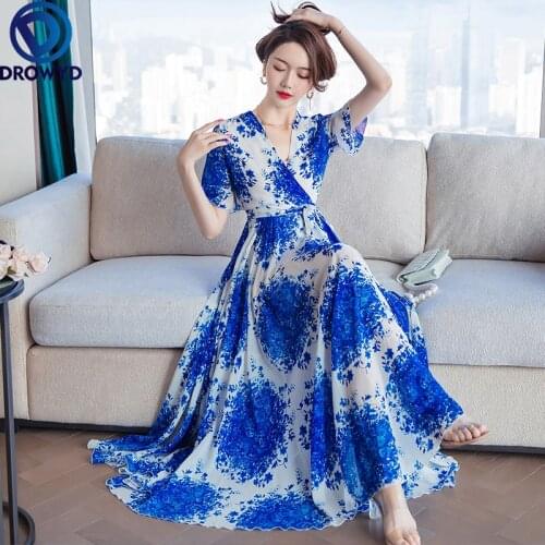 Summer 2021 Plus Size Chiffon Dress Jacquard Floral Big Swing Super Long Beach Dresses V-Neck Short Sleeve Elegant Robe Vestidos