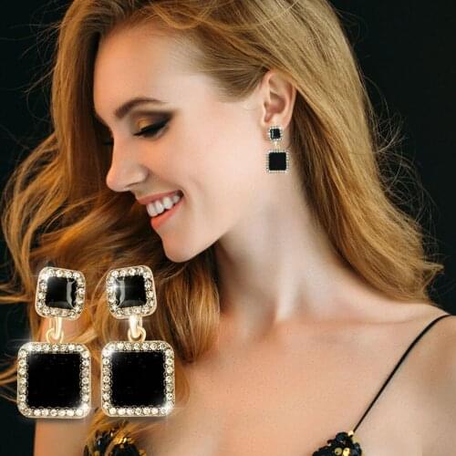 2021 Korean Fashion Jewelry New Trend Gold Plated Black Enamel Crystal Rond Sqaure Star Earrings Brincos Long Earrings For Women