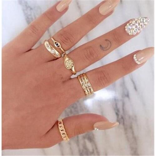 7 Pcs/ Set Trendy Gold Crystal Gem Eyes Star Irregular Joint Rings for Women Fashion Ring Set Jewelry Gifts