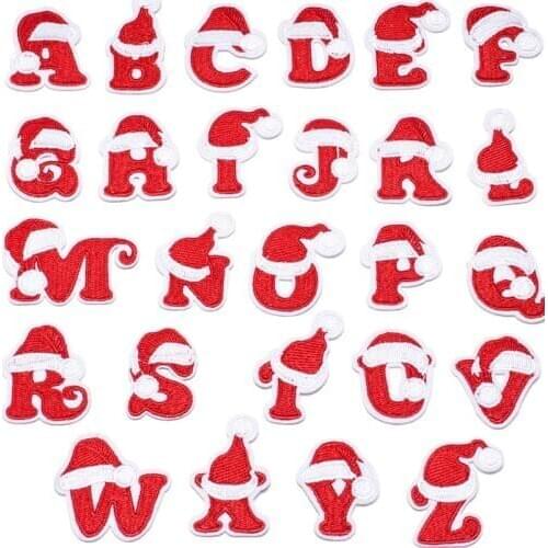 A-Z Cute Red Christmas Hat 26 Letters Icon Embroidered Applique Patches for Clothing DIY Sew up Badge on the Backpack