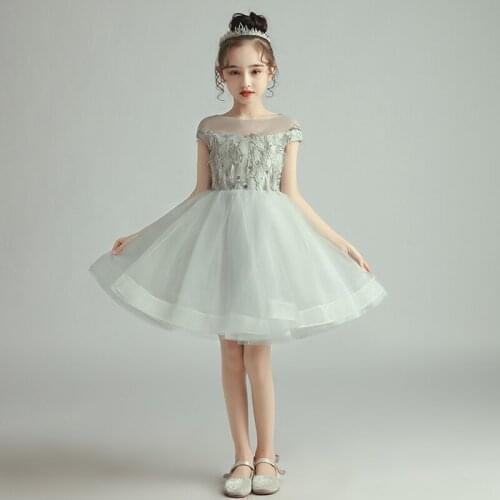 Flower Girl Dresses Short O-Neck Sequined Embroidery Princess Knee-Length Tulle Lace Luxury Gray Elegant Kids Party Gown H393