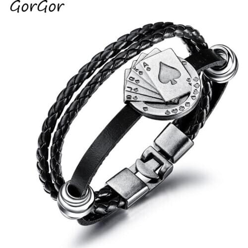 GorGor Bangles Men Stainless Steel Originality Statement Leather Weaving Vintage Playing Cards Individuality Accessories PS-1263