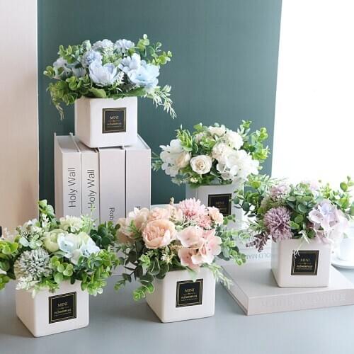 Nordic Ceramic Vase+Simulation Flowers Home Livingroom Furnishing Decoration Crafts Office Table Artificial Flower Pot Ornaments