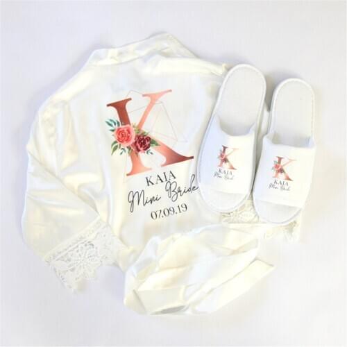 Custom Lace Bridal Party Wedding Satin Robe &Slipper Set rose gold Dressing Gown Bridesmaid Gift,Maid of Honour,Hen Party Floral