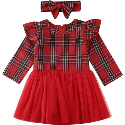 Lioraitiin Christmas Toddler Baby Girl Plaid Dress Clothes Ruffle Long Sleeve Voile Tulle Tutu Dresses+Headband