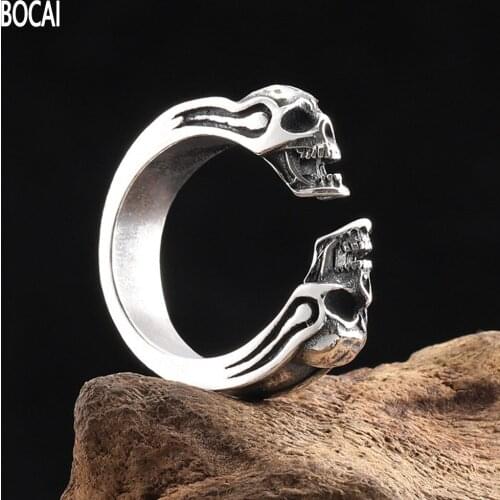 BOCAI New 100% Pure s925 sterling silver jewelry retro skull open Man ring carved and stylish personality
