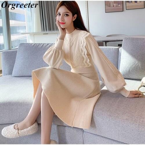 New Arrival Women Sweater Dress Dress Temperament Solid Lace Patchwork Slim Puff sleeve Fall Winter Bottoming Knit Dress