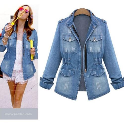 Autumn Women Vintage zipper denim jacket Large size S-5XL Casual Outerwear Tops Female Slim Jeans Coat